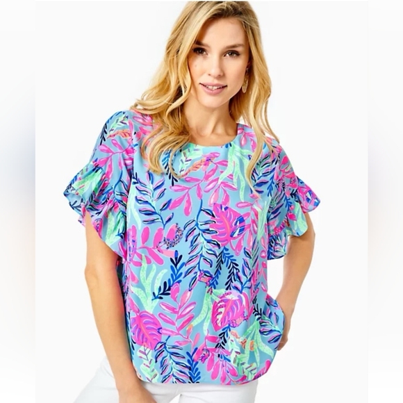 Lilly Pulitzer Darlah Ruffle Blouse YOU’VE BEEN SPOTTED (Size Small) - Picture 6 of 6
